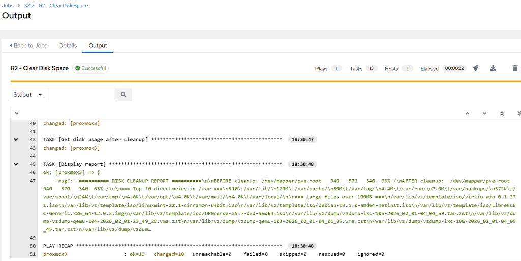 Screenshot from AWX showing how did the space cleaning job go.